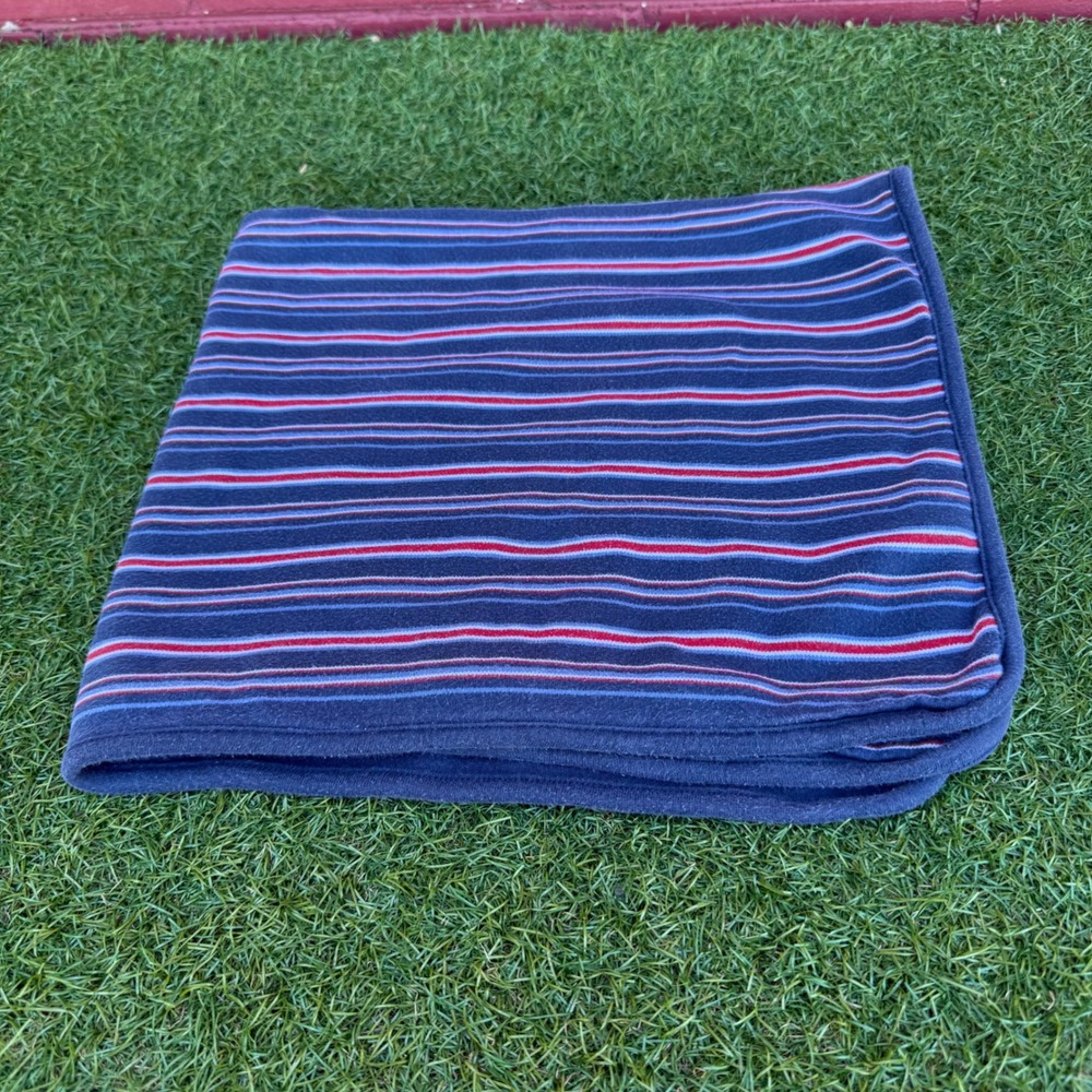 Vtg Striped Cotton Baby Blanket Nursery Navy Blue‎ Red Kidcore 23.5 X 26.5